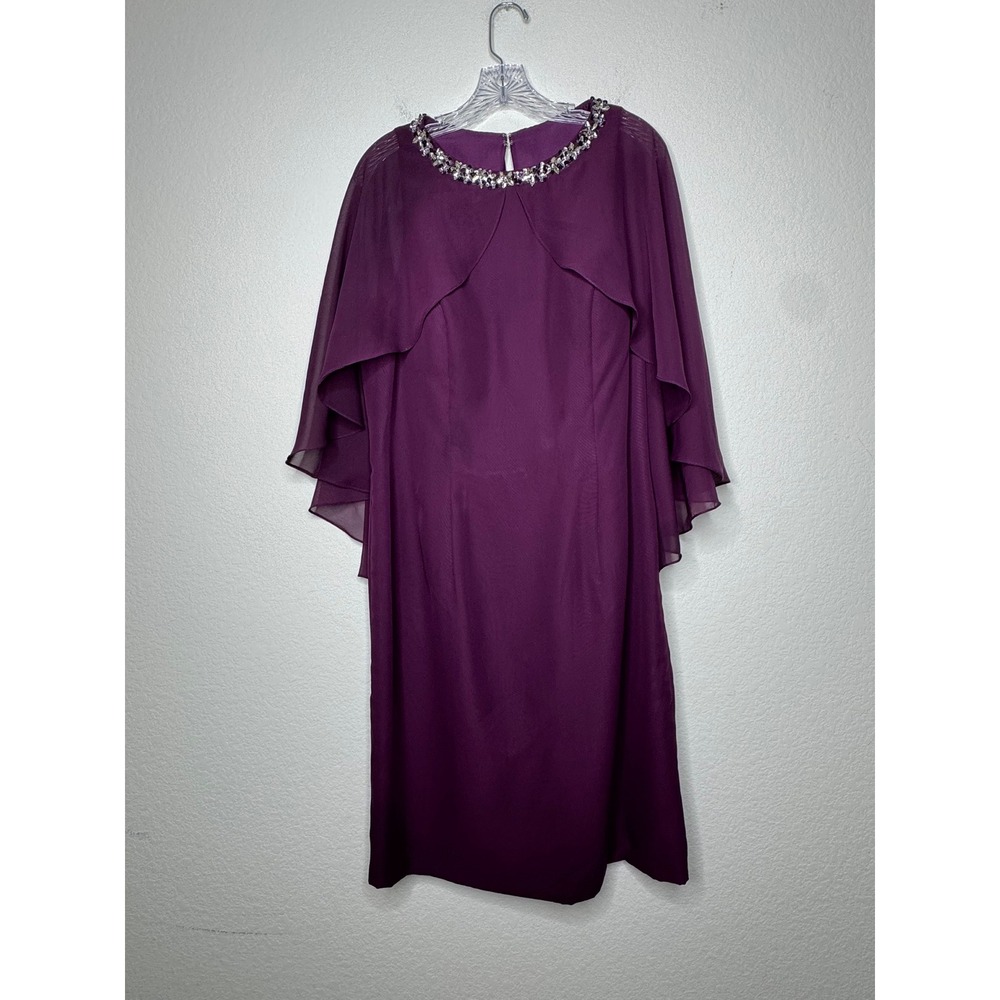 JJ's House Grape Purple Georgiana Cape Chiffon Beaded Neck Cocktail Dress 16W